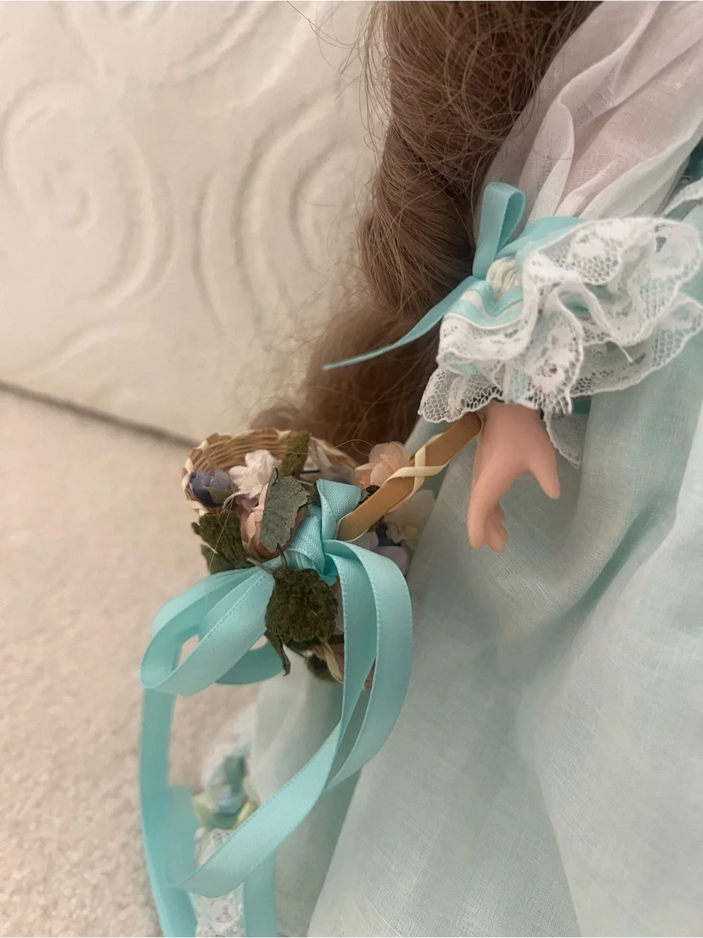 Vintage Collectible Mint Green Porcelain Doll Floral Headpiece BasketCollectible
